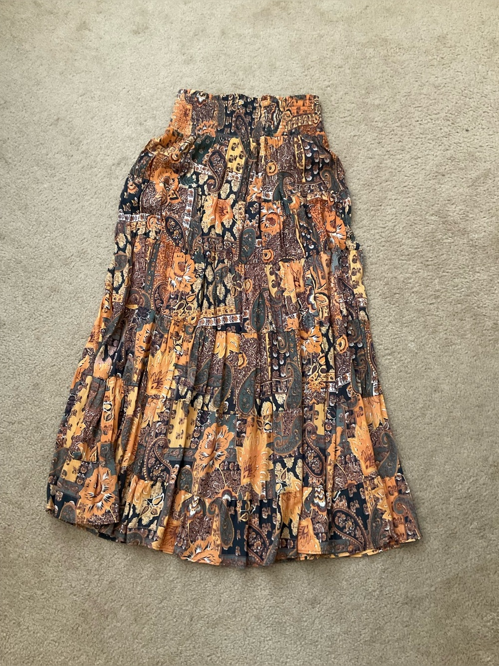 Angie Multi-Print Bohemian Tiered Maxi Skirt - Orange & Black